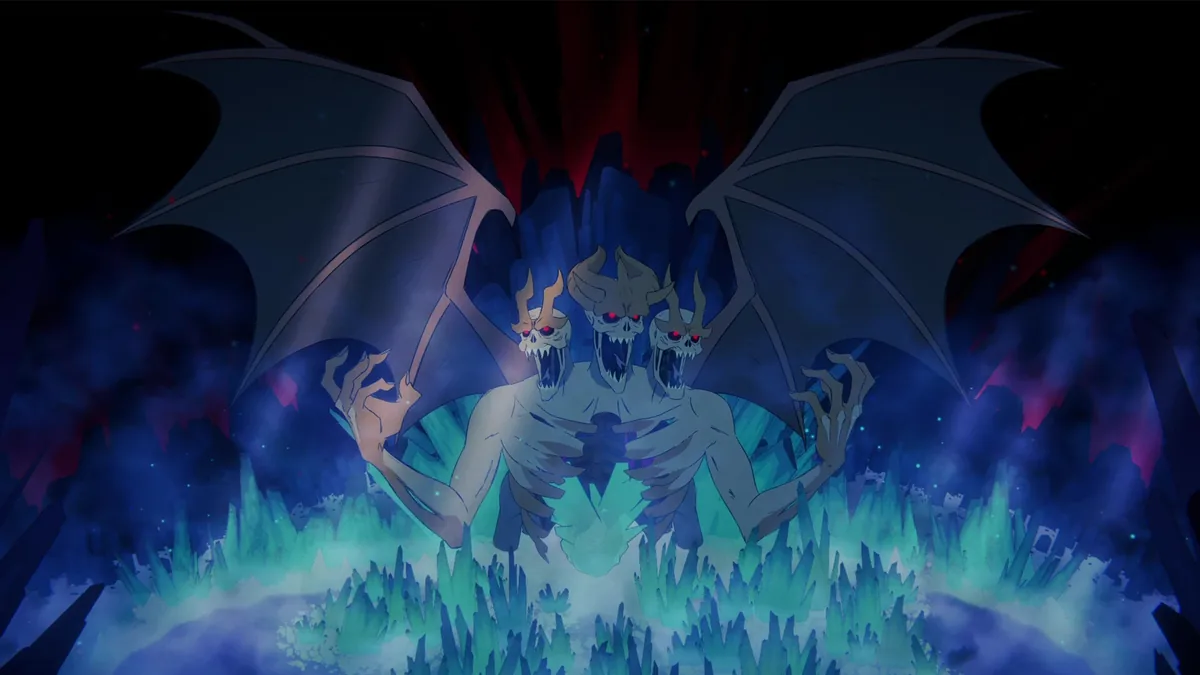 Official 33 Immortals Steam screenshot showing a three-headed winged boss