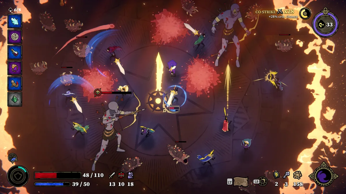 Official 33 Immortals Steam screenshot showing players, enemies, and a boss attack in a crowded arena