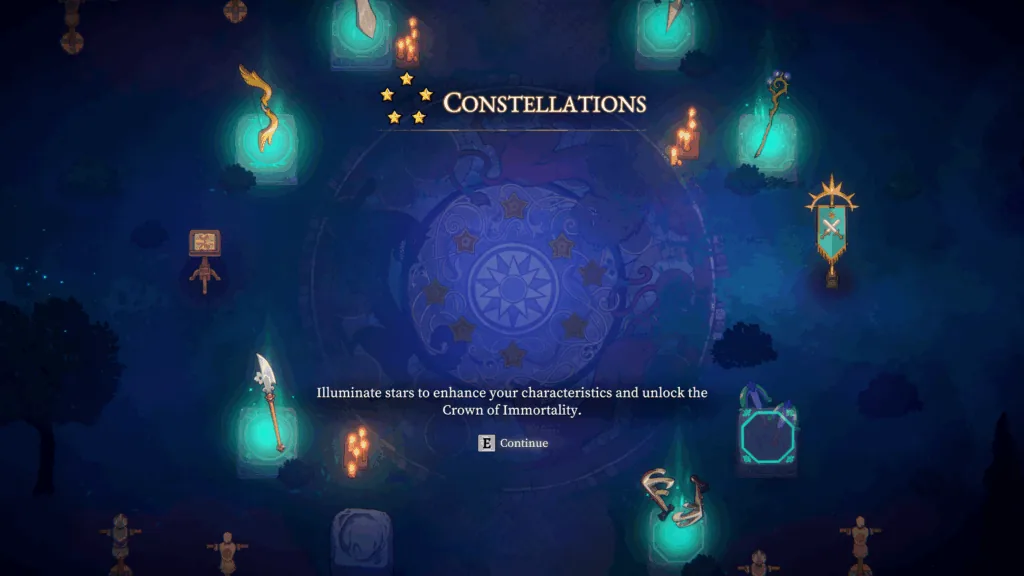 Official 33 Immortals Constellations screen mentioning the Crown of Immortality