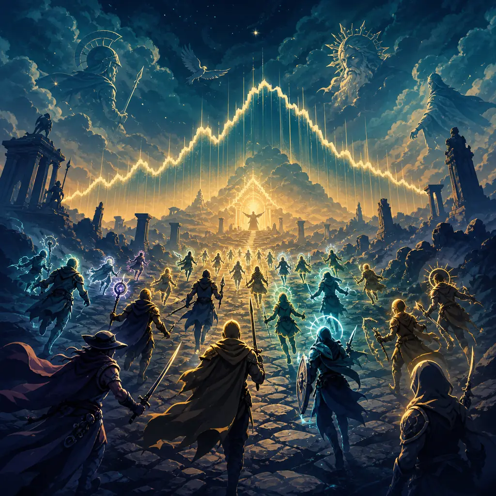 AI-generated editorial illustration of cooperative players moving toward a rising and falling activity curve